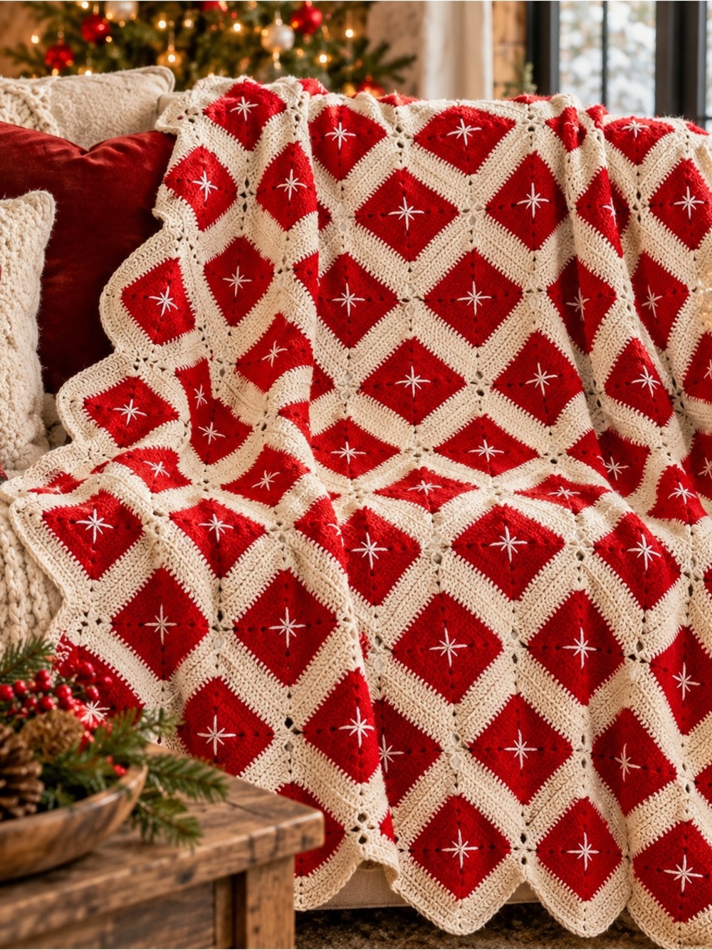 Holiday Afghan Red White Christmas Star Squares 4’10” by 4’